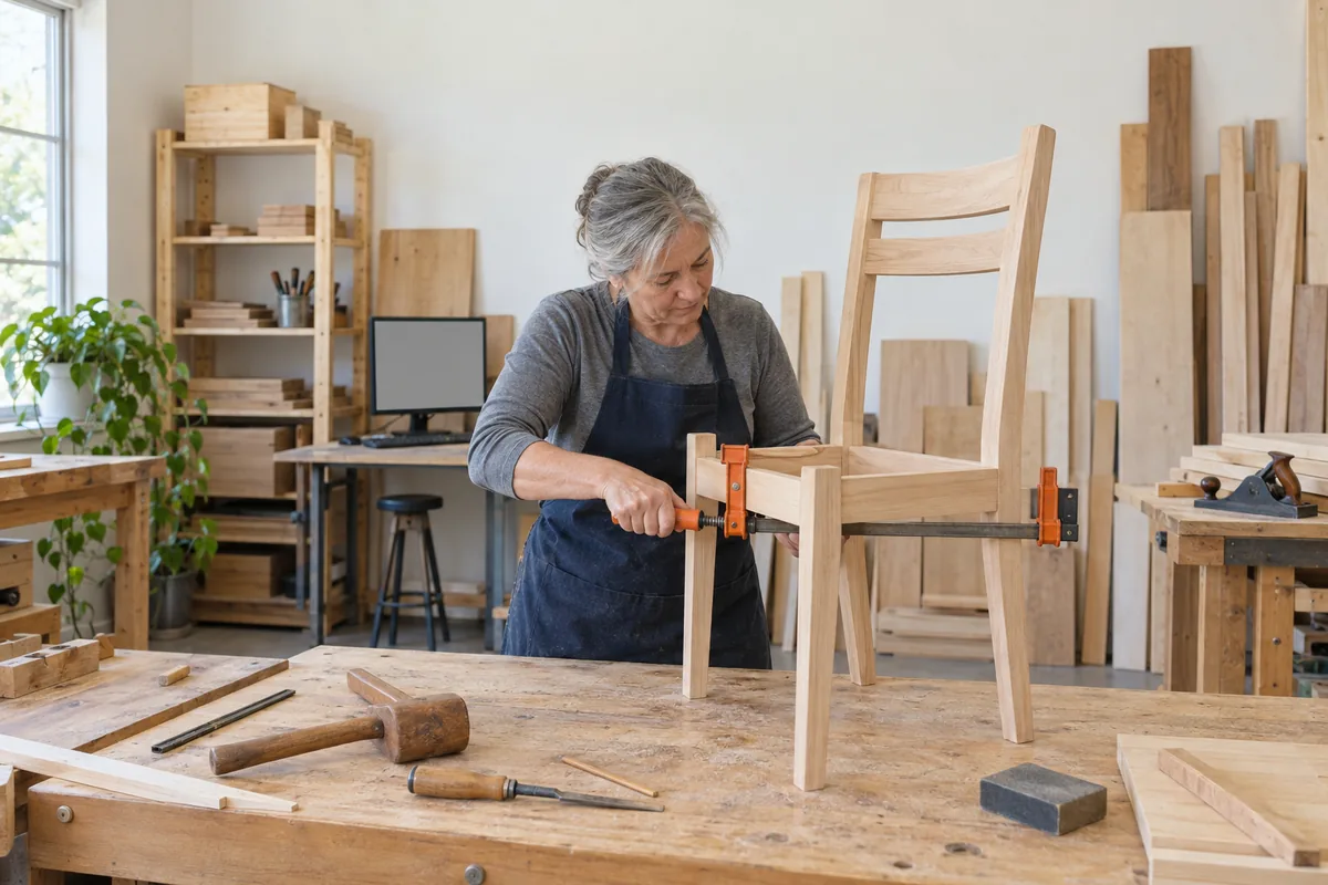 A woman in a navy apron tightens an orange bar clamp on an unfinished wooden chair frame at a workbench in a bright workshop