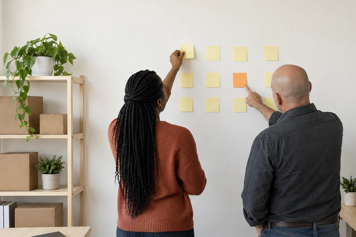 A woman in a rust sweater and a man in a charcoal shirt, seen from behind, stand at a wall of blank yellow paper notes, and the man points at the one orange note