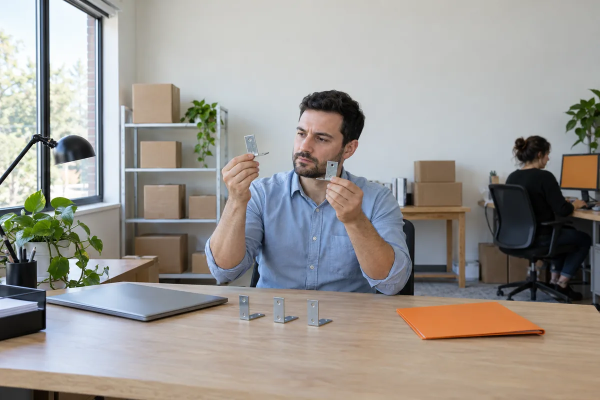 A man in a light blue shirt holds up two small steel brackets to compare them at a desk with three more brackets and an orange folder