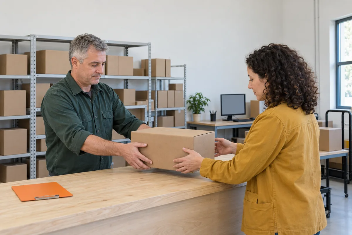 A man in a dark green work shirt slides a plain cardboard box across a wooden counter to a woman in a mustard jacket, with shelves of boxes behind him and an orange clipboard on the counter