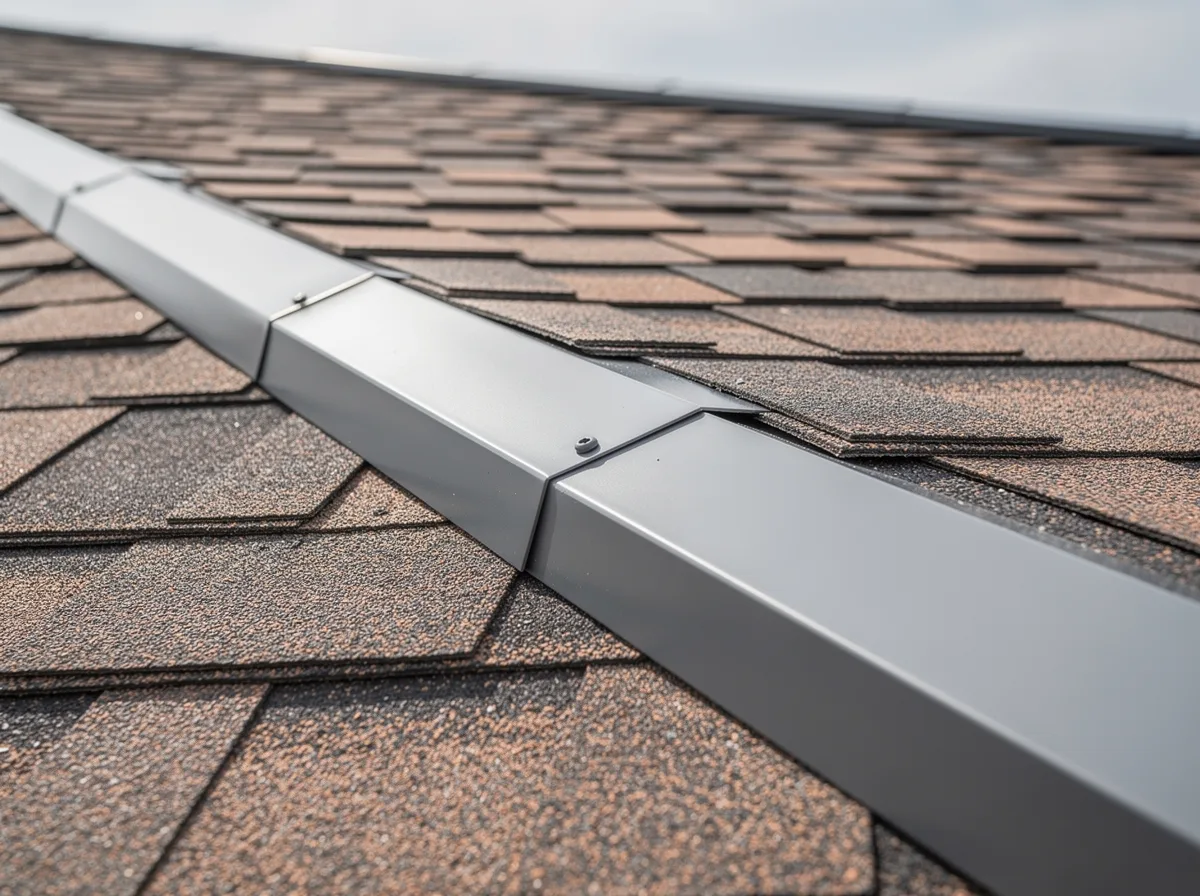Close-up of a shingle roof ridge line and metal flashing detail on a residential roof