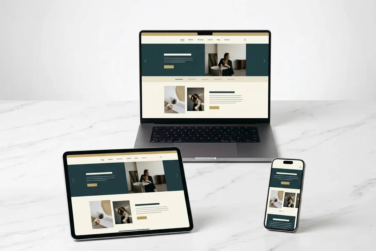 The same storefront shown responsively on a laptop, a tablet, and a phone side by side on a desk, demonstrating consistent design across devices