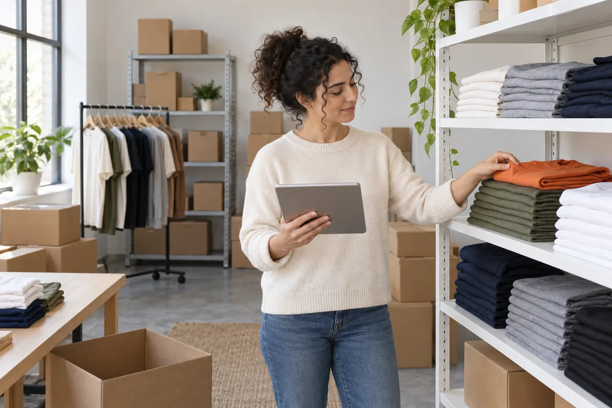 A woman in a cream sweater checks folded shirts on a stock room shelf while holding a tablet