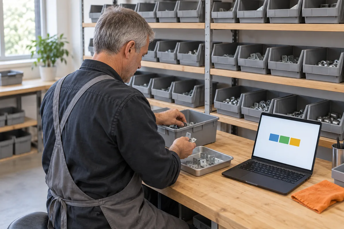 A man in a grey apron counts metal brackets into a tray at a workbench, with a laptop open beside him