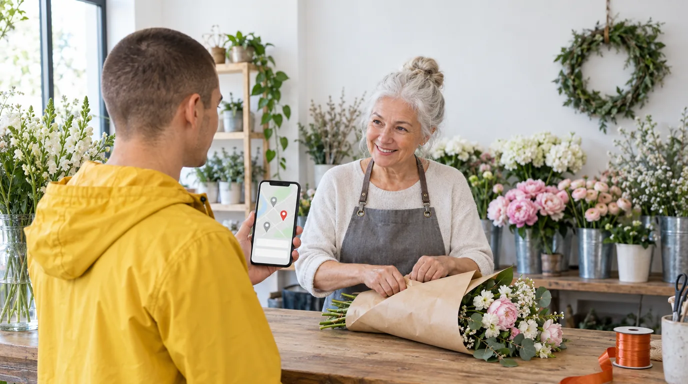A florist in a grey apron wrapping stems at a counter while a customer holds a phone that shows a pale map with pins