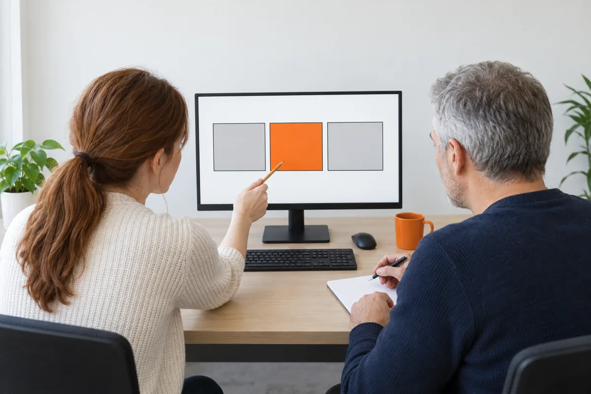 Two people at a desk look at a monitor showing three squares in a row, the middle one orange, while one points with a pencil