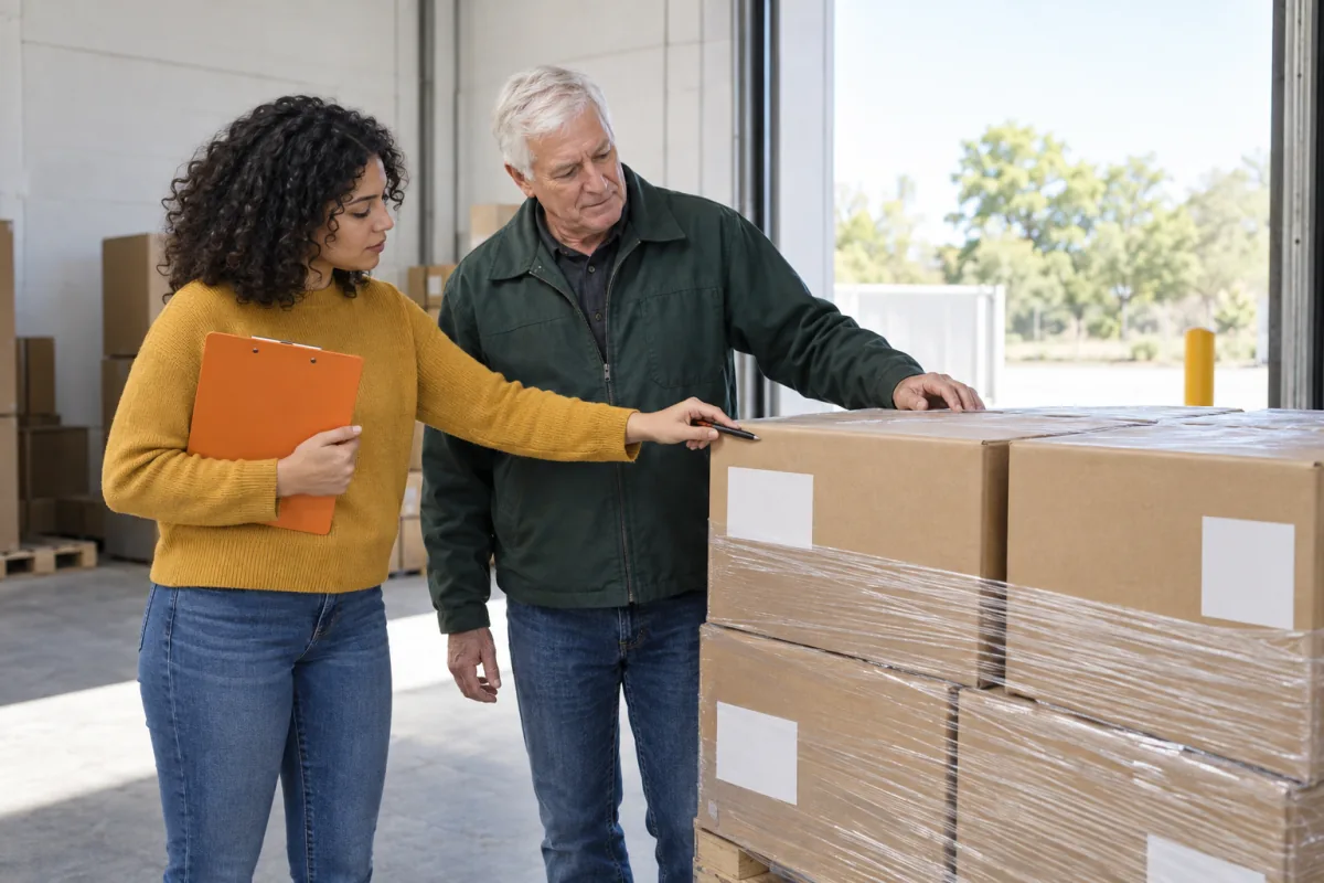Two people check a pallet of wrapped brown boxes at a loading dock doorway, one holding an orange clipboard