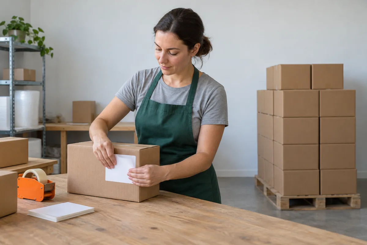 A woman in a green apron presses a blank white label onto a plain brown carton at a wooden packing bench