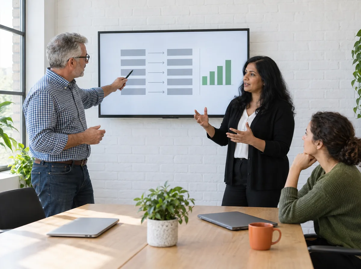 Three colleagues in a meeting room, one pointing a pen at a wall screen that shows two columns of bars joined by arrows