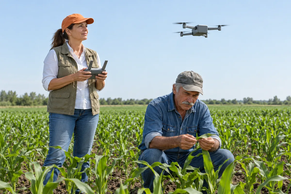 A woman in an orange cap flying a small grey drone over green crop rows while an older farmer crouches to check a leaf