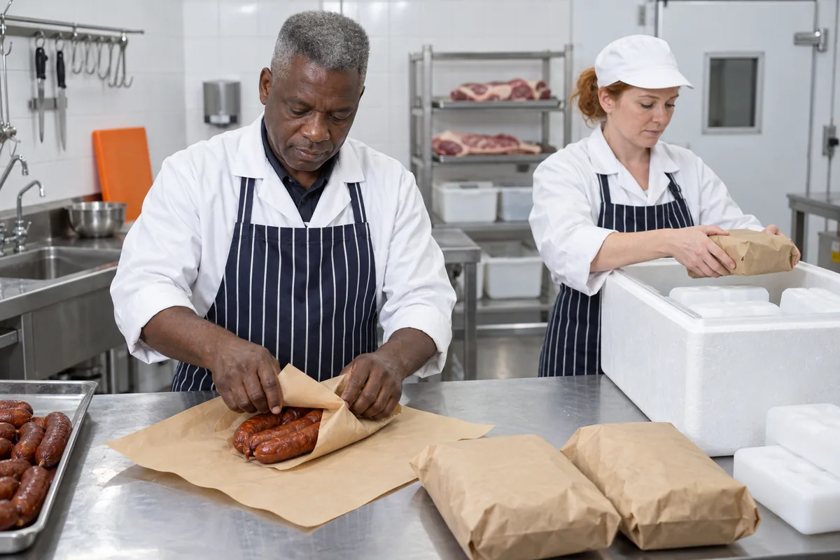 A butcher in a striped apron wrapping smoked sausages in brown paper while a woman places wrapped parcels into an insulated box