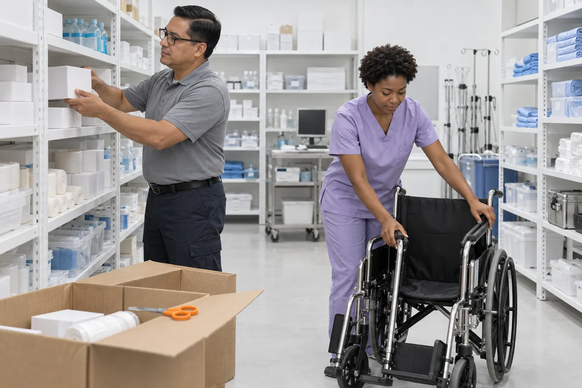 A man placing a plain white box on a shelf above bandage rolls while a woman in lilac scrubs unfolds a wheelchair in a supply stockroom