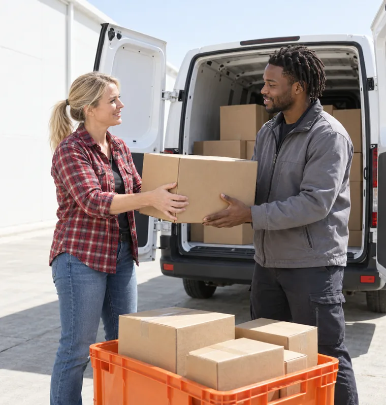 A woman passing a plain cardboard parcel to a man loading the back of a white van, with more parcels in an orange crate at their feet