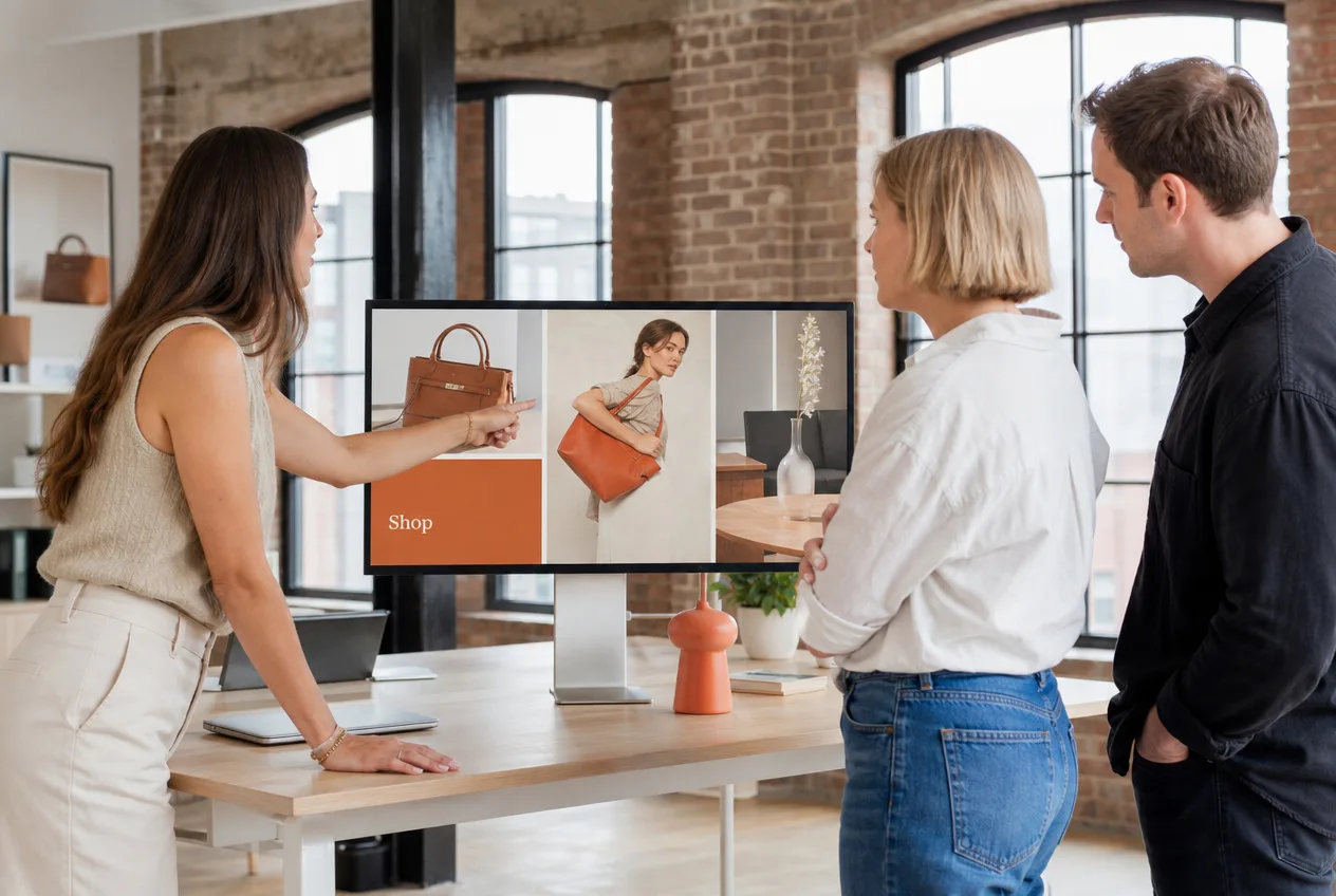 Three colleagues reviewing a product page layout on a wall-mounted screen in a bright brick-walled office.