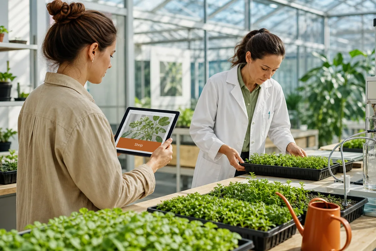 A researcher inspecting seedling trays in a greenhouse while a colleague reviews a plant catalogue page on a tablet.