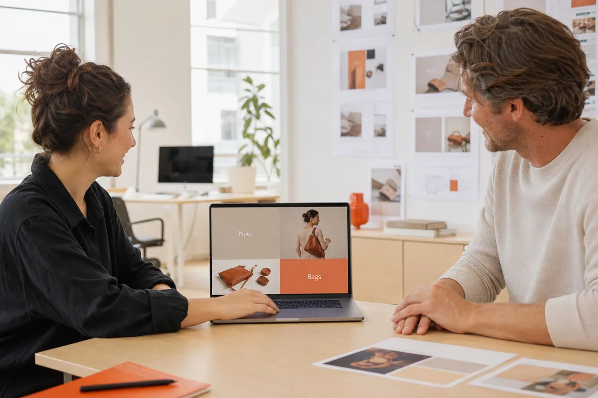 Two people reviewing a laptop showing a website homepage layout, with printed page designs on the desk and a moodboard behind them.