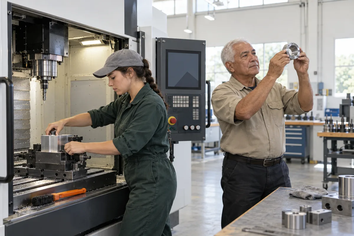 A machinist in green coveralls clamping an aluminium block into a CNC milling machine while an older man examines a finished metal part