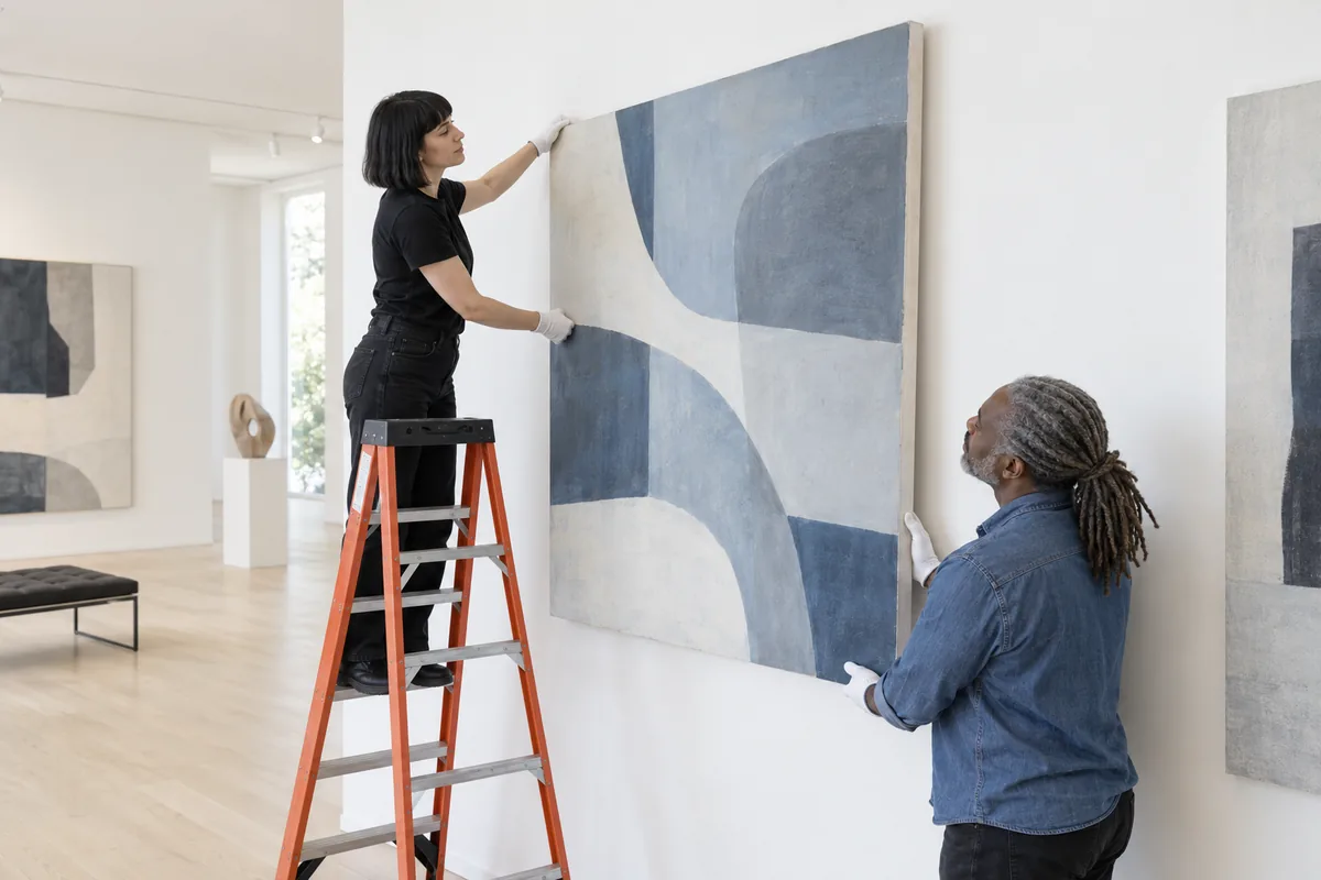 Two art handlers in white gloves hanging a large abstract canvas on a white gallery wall, one standing on an orange stepladder