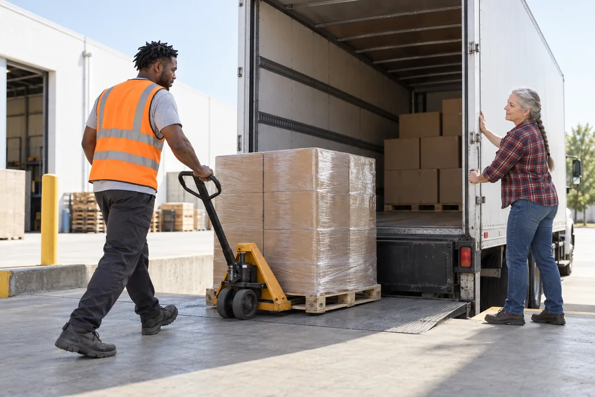 A dock worker in an orange safety vest moving a pallet of boxes on a pallet truck toward the open back of a white truck while a woman holds the door