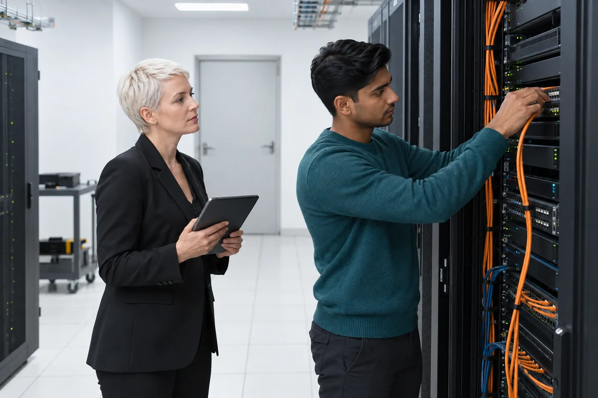 A technician plugging an orange network cable into a black server rack while a woman stands beside him holding a tablet in a server room