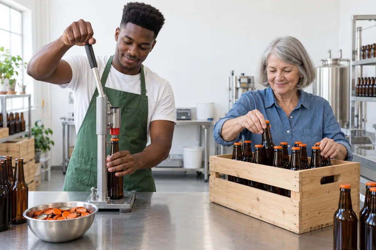 A man in a green apron capping a plain amber glass bottle with a hand-lever capper while a woman stands filled bottles in a wooden crate