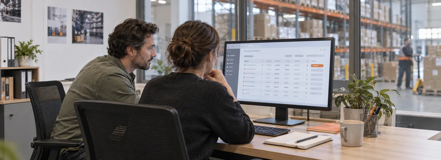AI-generated illustration of colleagues reviewing a draft order in a distribution office.