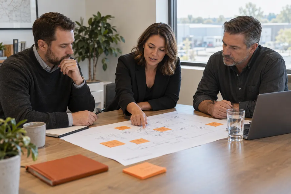AI-generated illustration of three business colleagues mapping a workflow with orange sticky notes.