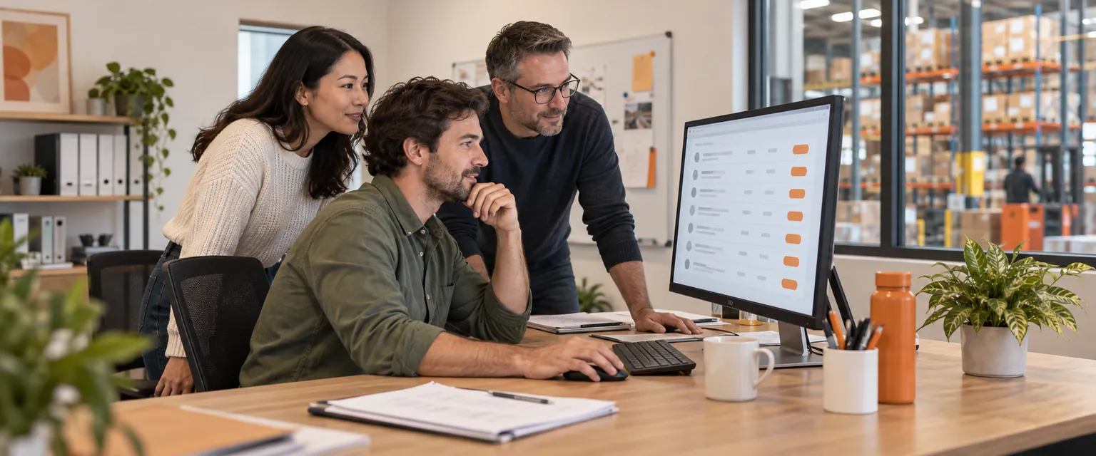 AI-generated illustration of an operations team reviewing an order queue beside a warehouse.