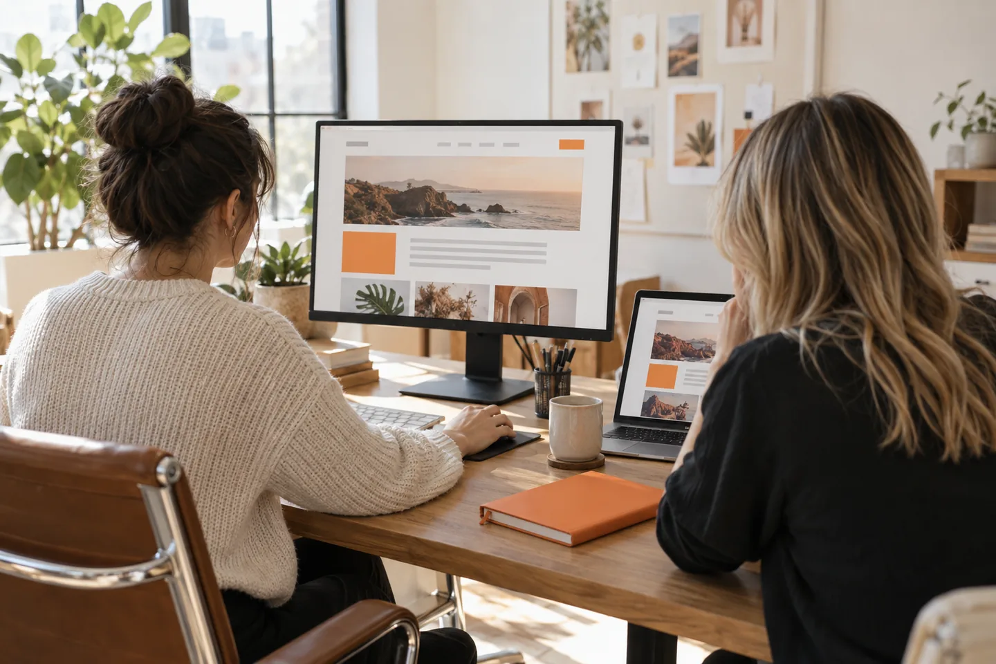 Illustrative marketers editing and reviewing a website page